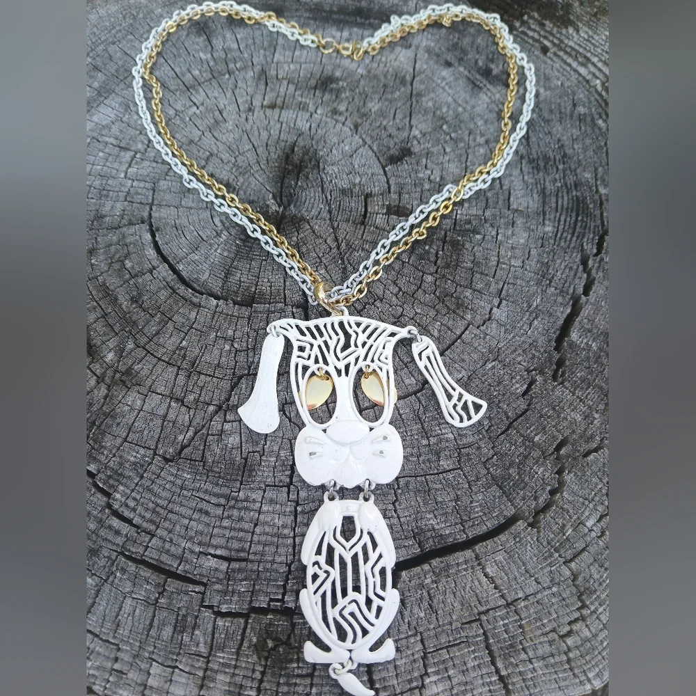 Vintage Double CHAIN Alan J 70s Articulating Puppy Dog Necklace JEWELRY